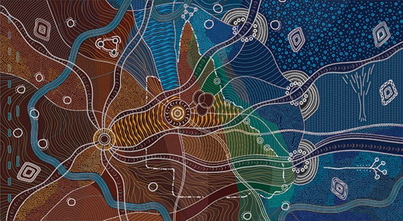 Indigenous art featuring a map of Queensland overlaid with symbols that represent the department’s work and connections to First Nations peoples. 