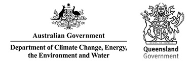 Department of Climate Change, Energy, the Environment and Water logo and the Queensland Government Coat of Arms