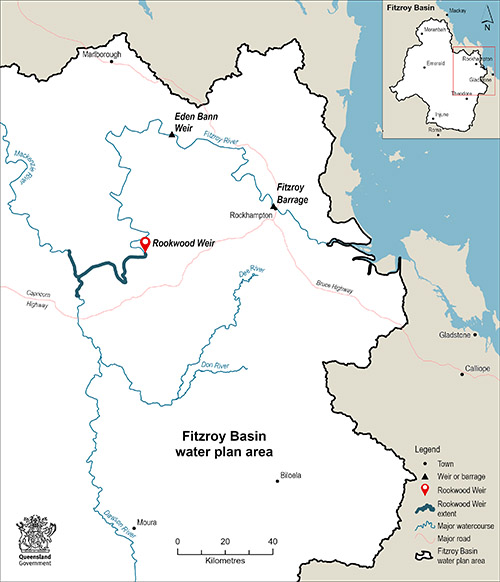 Map showing the location of Rookwood Weir within the Fitzroy Basin water plan area of Queensland.