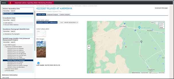 Image of the Water monitoring information portal displaying rainfall data for an example trial site.