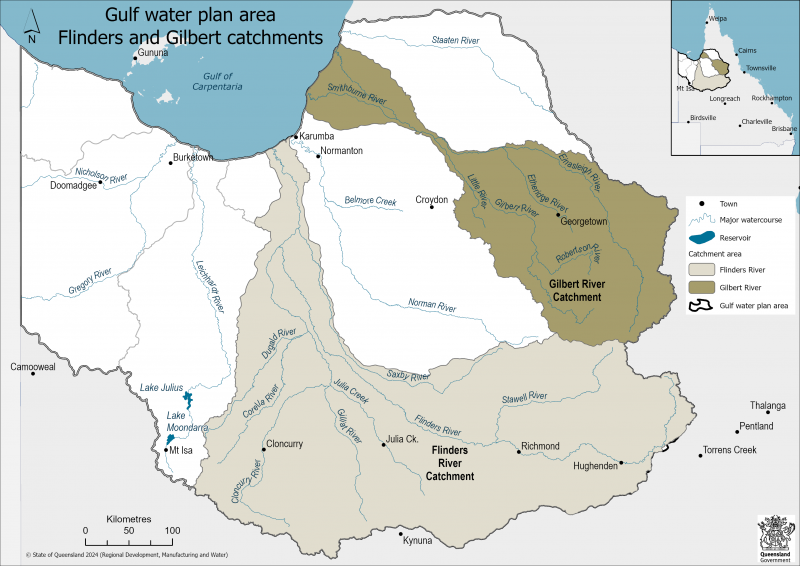 Map of water trading areas in Gulf water plan area which are the Flinders and Gilbert catchments
