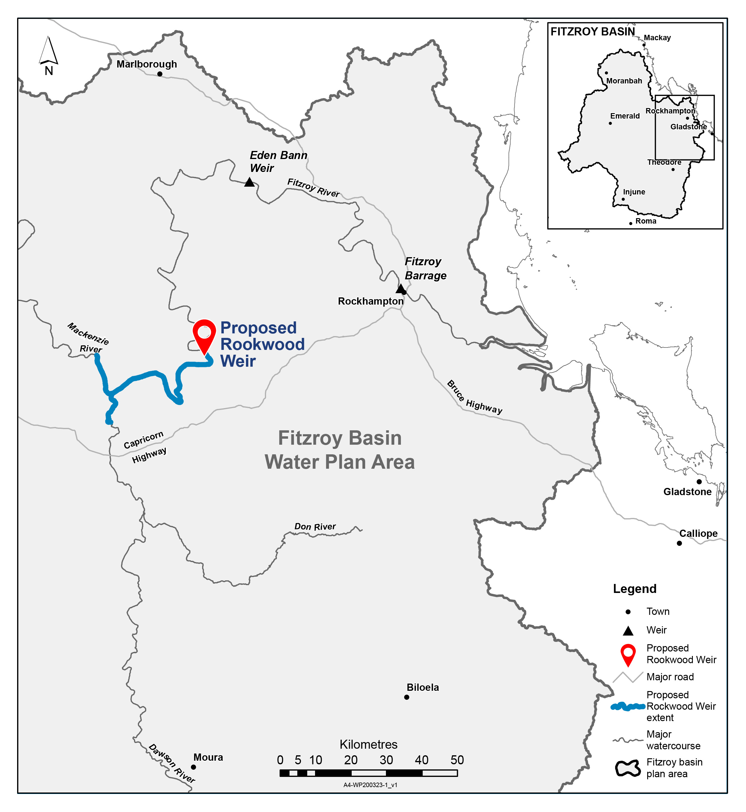 Map showing the proposed location of the Rookwood Weir in the context of the Fitzroy Basin area. Rookwood Weir will be constructed on the Fitzroy River, Central Queensland, approximately 66km south-west of Rockhampton.