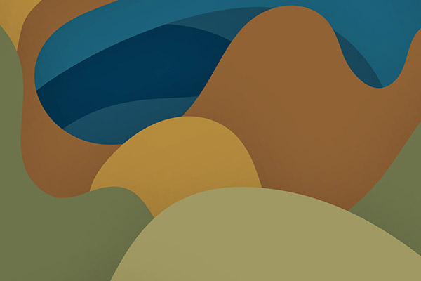 Wavy graphic blobs, coloured blue, brown, tan and green